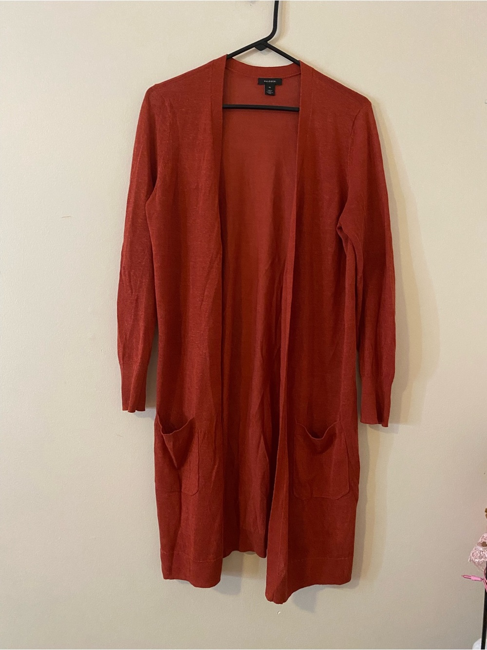 Halogen linen blend Open-Front Long Cardigan Sweater - Rust with pockets